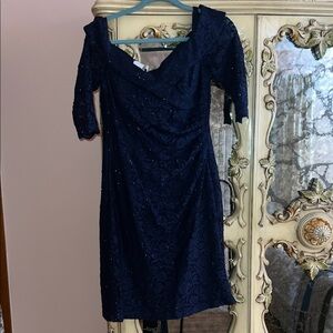 Oleg Cassini Navy One-Shoulder Dress